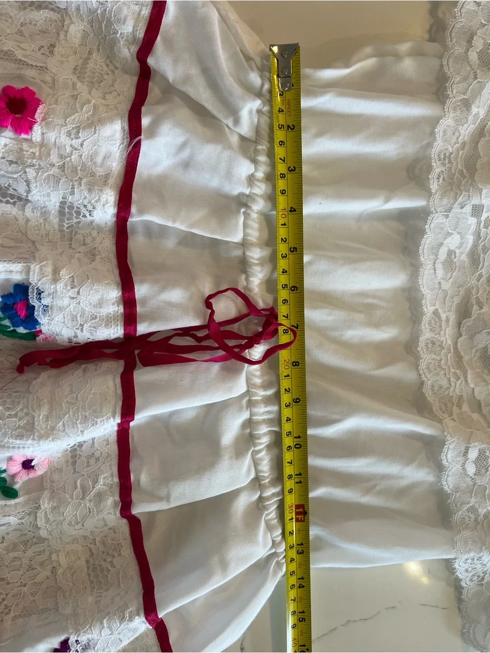 White Off-Shoulder Kids Dress with Red Trim and Floral Embroidery